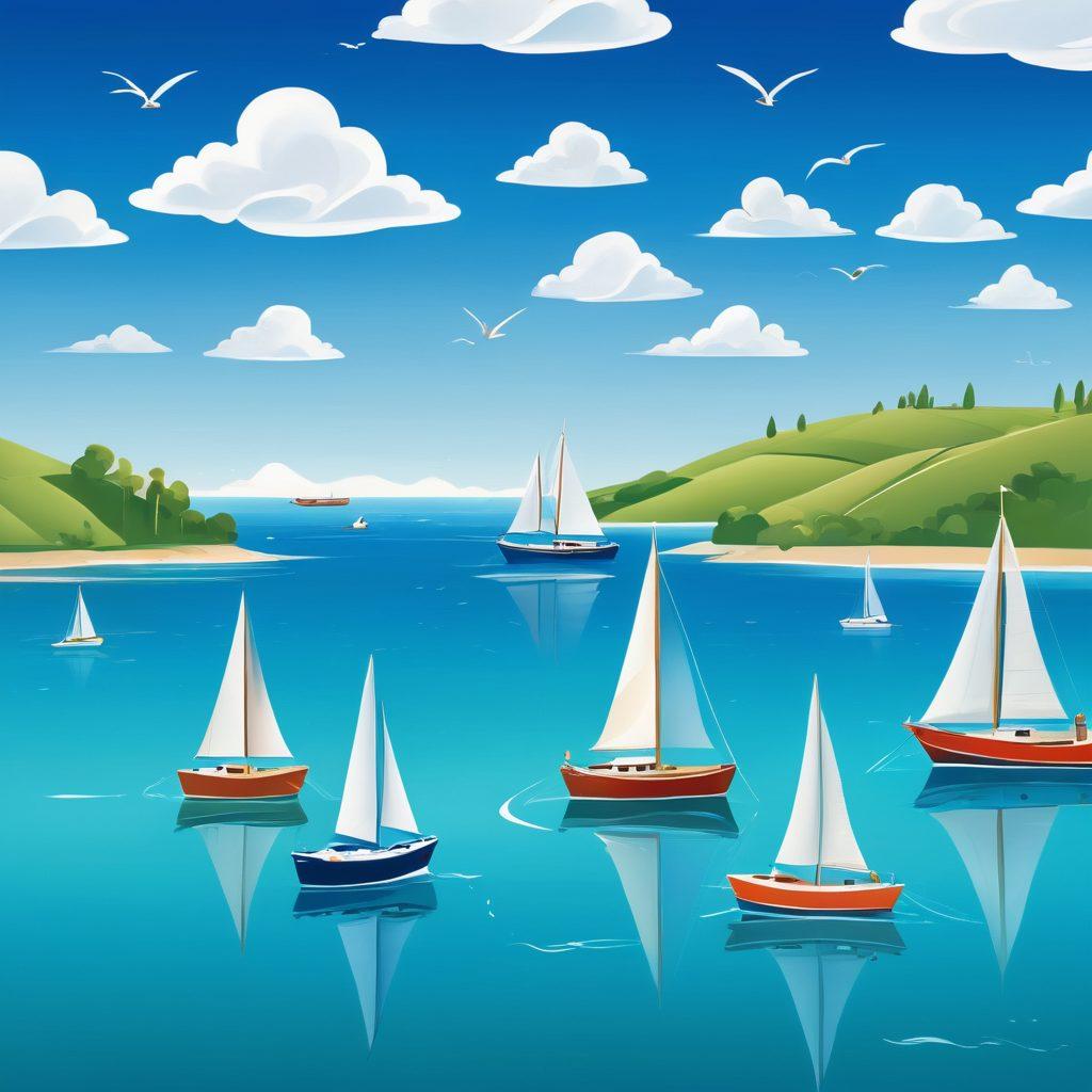A serene waterscape featuring a variety of boats, including sailboats and motorboats, gently bobbing in calm blue waters under a clear sky. Overlayed are icons representing various insurance coverage options, like shields and check marks, created in a seamless and playful style, guiding the viewer's eye. The background should have fluffy white clouds and distant green hills, adding depth. Include a warm, inviting color palette to evoke a sense of security and exploration. vibrant colors. 3D. clean lines.