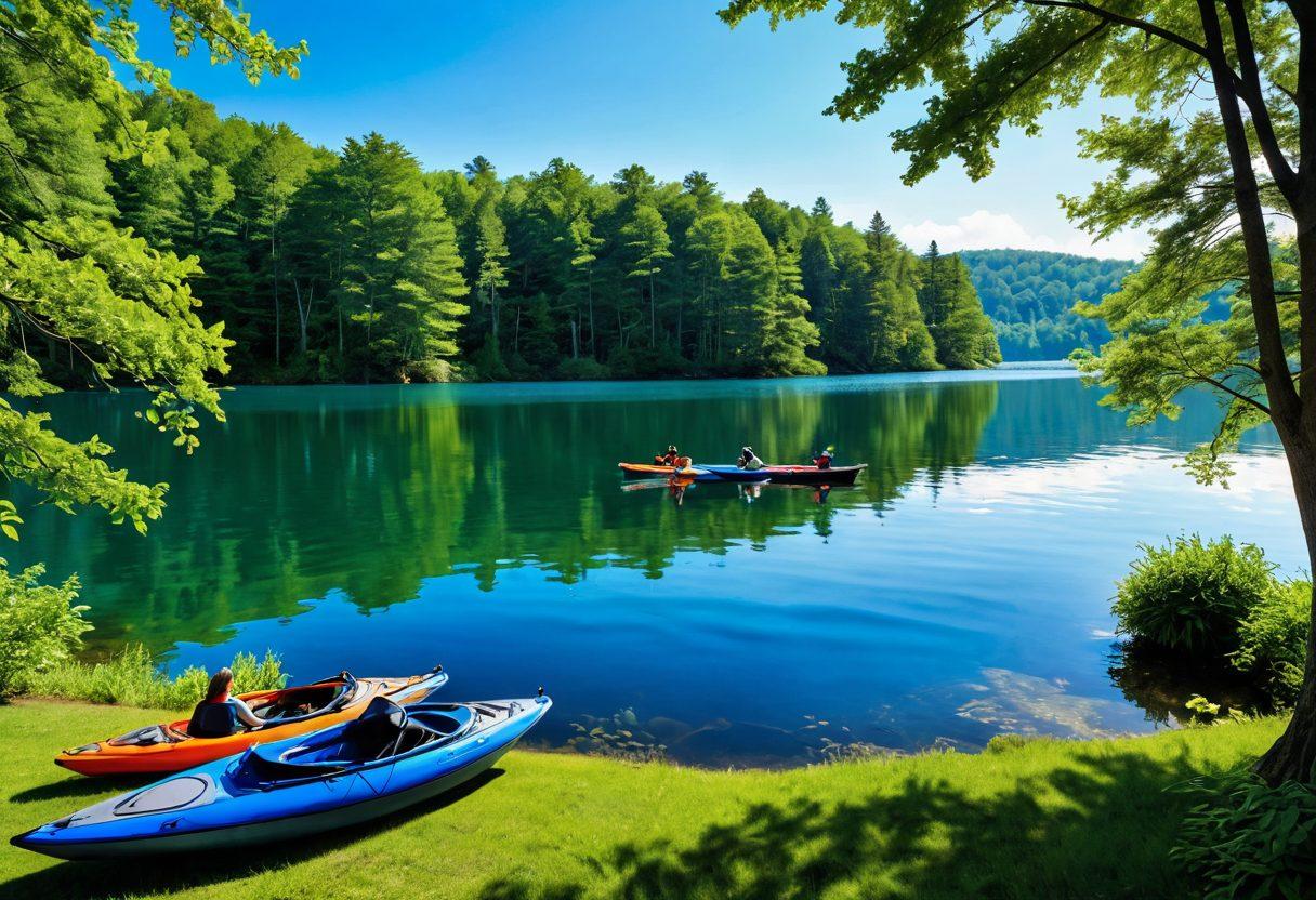 A vibrant scene showcasing various watercrafts such as kayaks, jet skis, and sailboats on a sparkling blue lake, surrounded by lush greenery and a clear sky. In the foreground, a family is enjoying a picnic by the shore, while a shield-like graphic representing comprehensive insurance protection hovers above the watercrafts. Include elements like safety gear and life vests to emphasize protection. vibrant colors. super-realistic. bright blue sky.